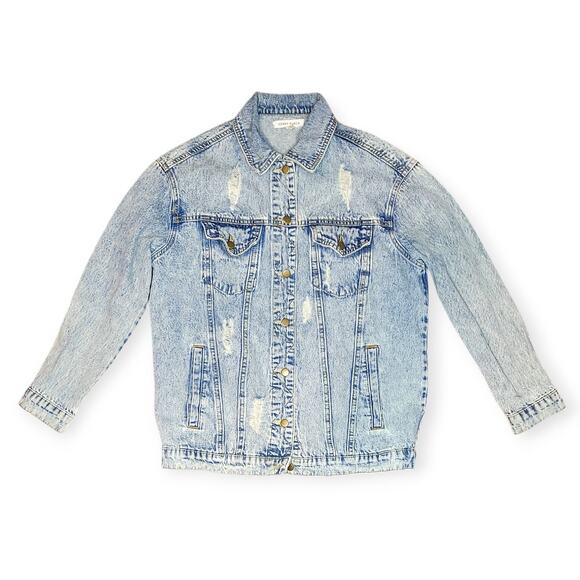 Honey Punch Fearless Patch Distressed Acid Wash Denim Jacket Women Sz S - Picture 2 of 10